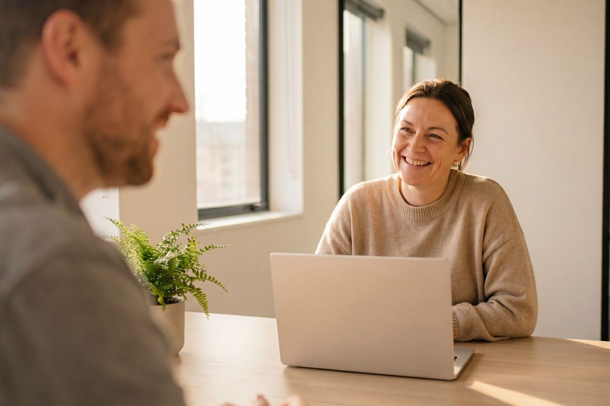 A smiling client meeting with an insurance broker over a laptop